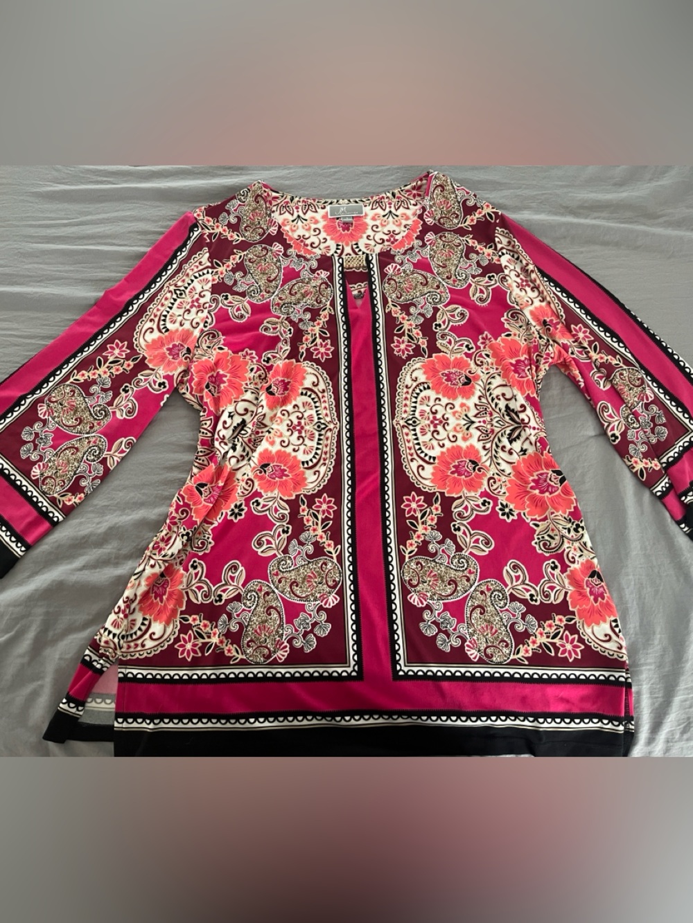 JM Collection Paisley Long Sleeve Tunic in Pink & Black